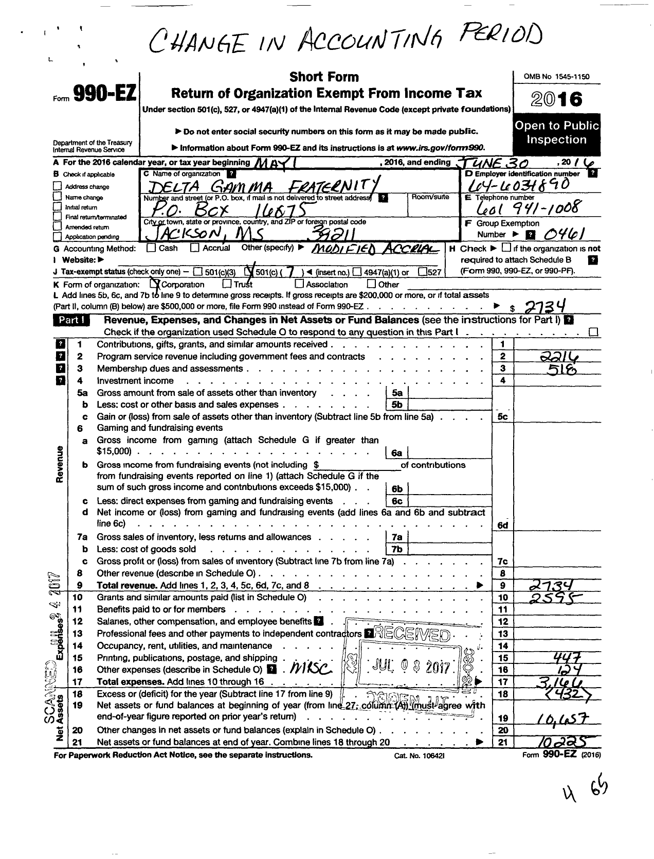 Image of first page of 2015 Form 990EO for Delta Gamma Fraternity / Jackson Alumnae Chapter