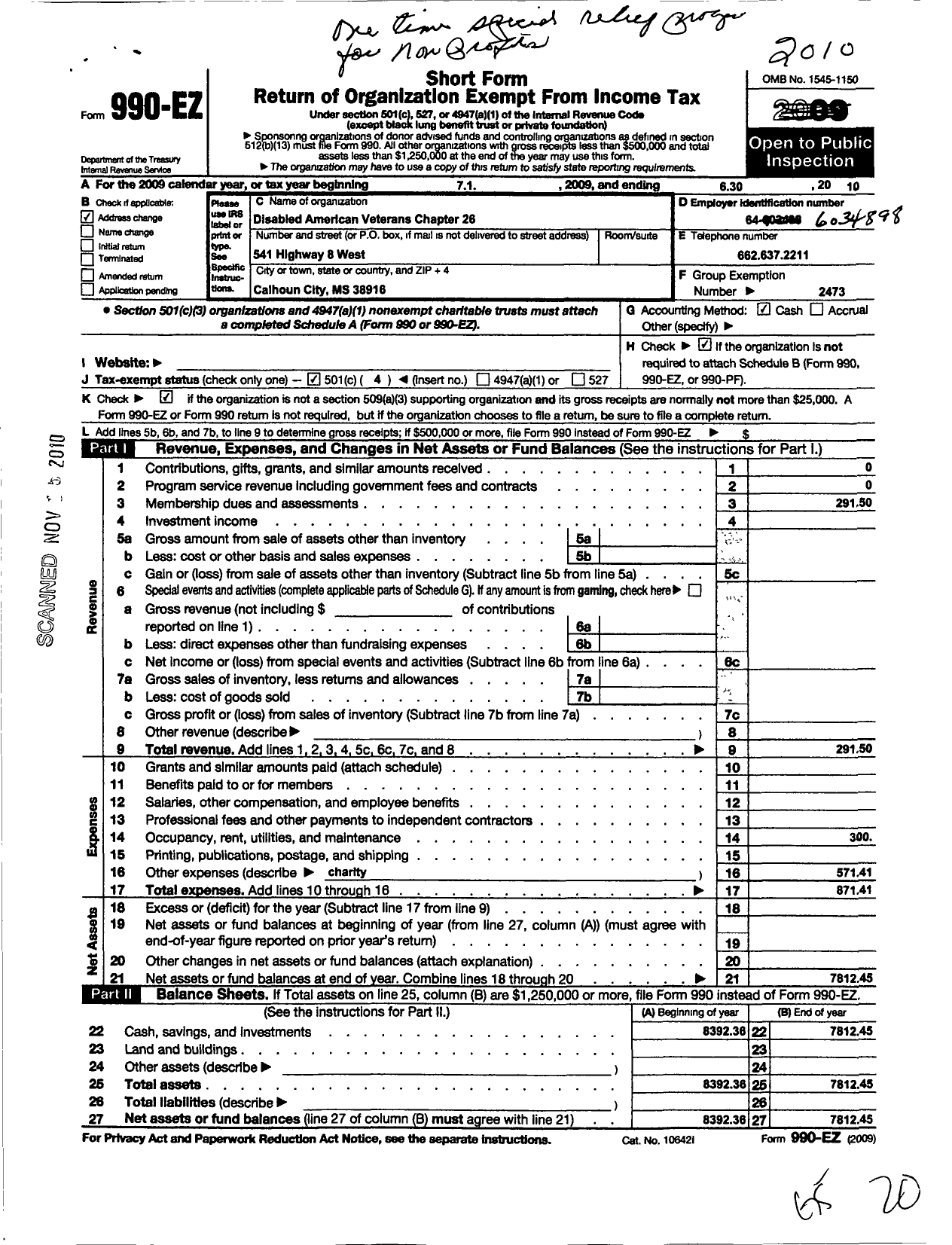 Image of first page of 2009 Form 990EO for Disabled American Veterans - 26 Calhoun Co