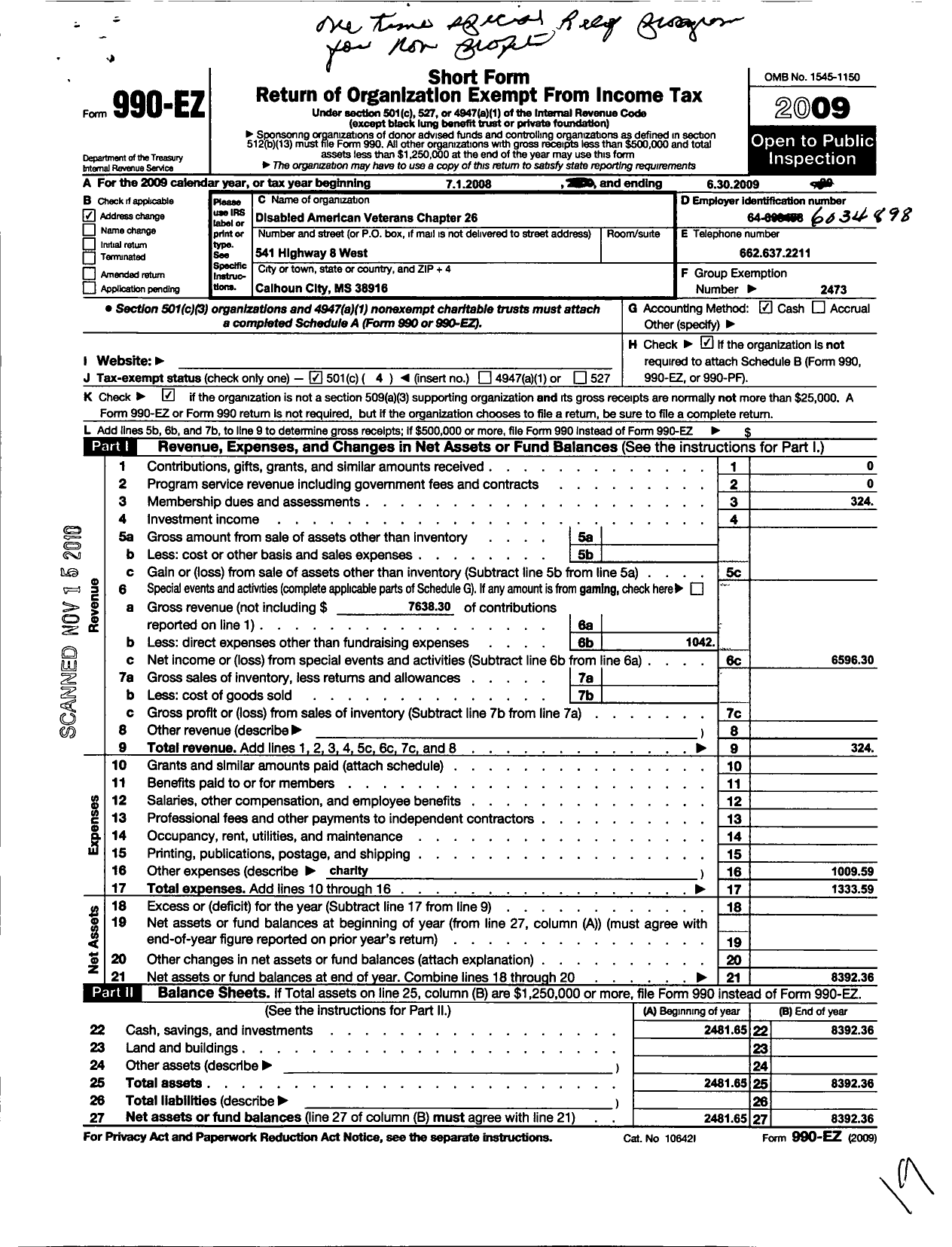 Image of first page of 2009 Form 990EO for Disabled American Veterans - 26 Calhoun Co