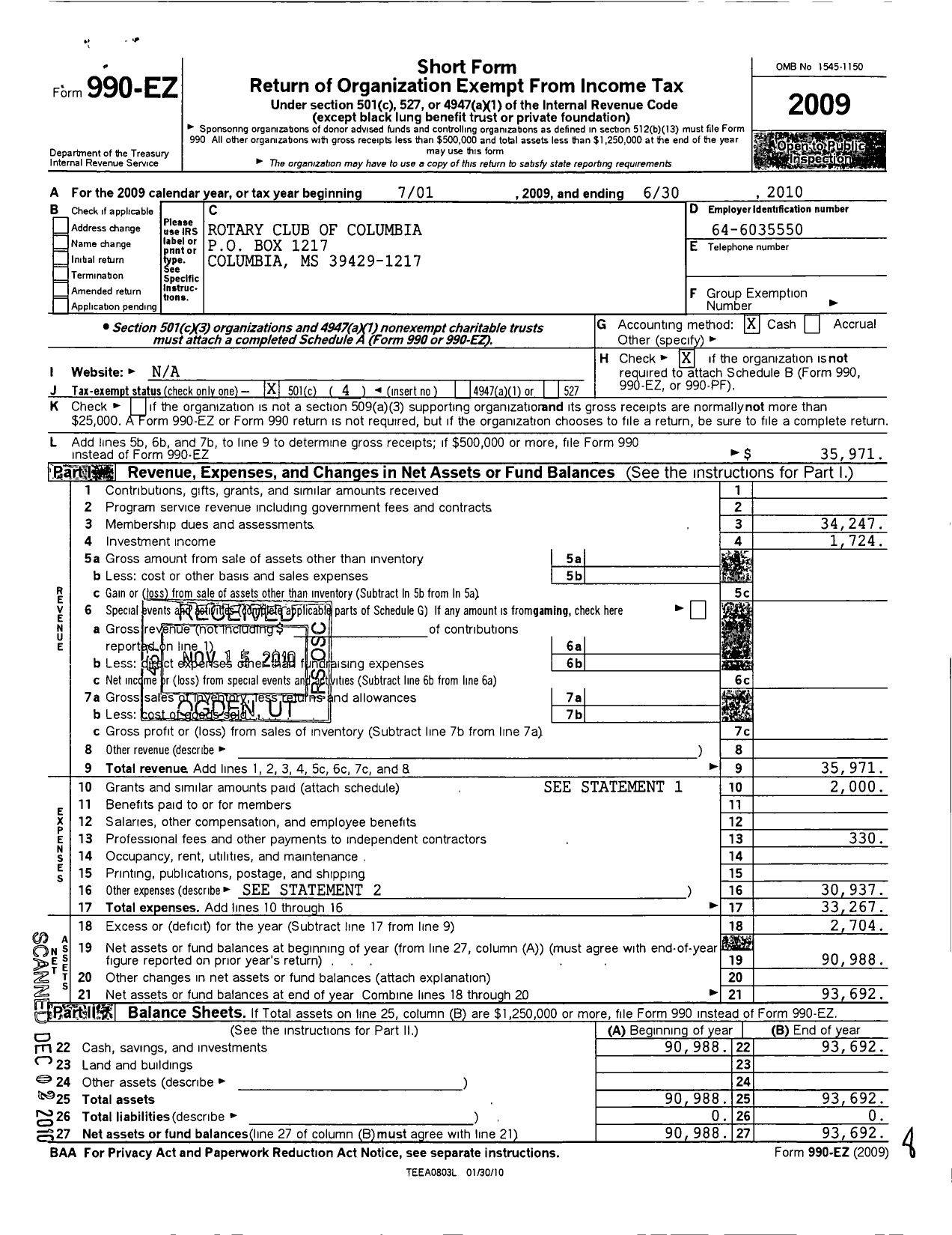 Image of first page of 2009 Form 990EO for Rotary International - Columbia Rotary Club