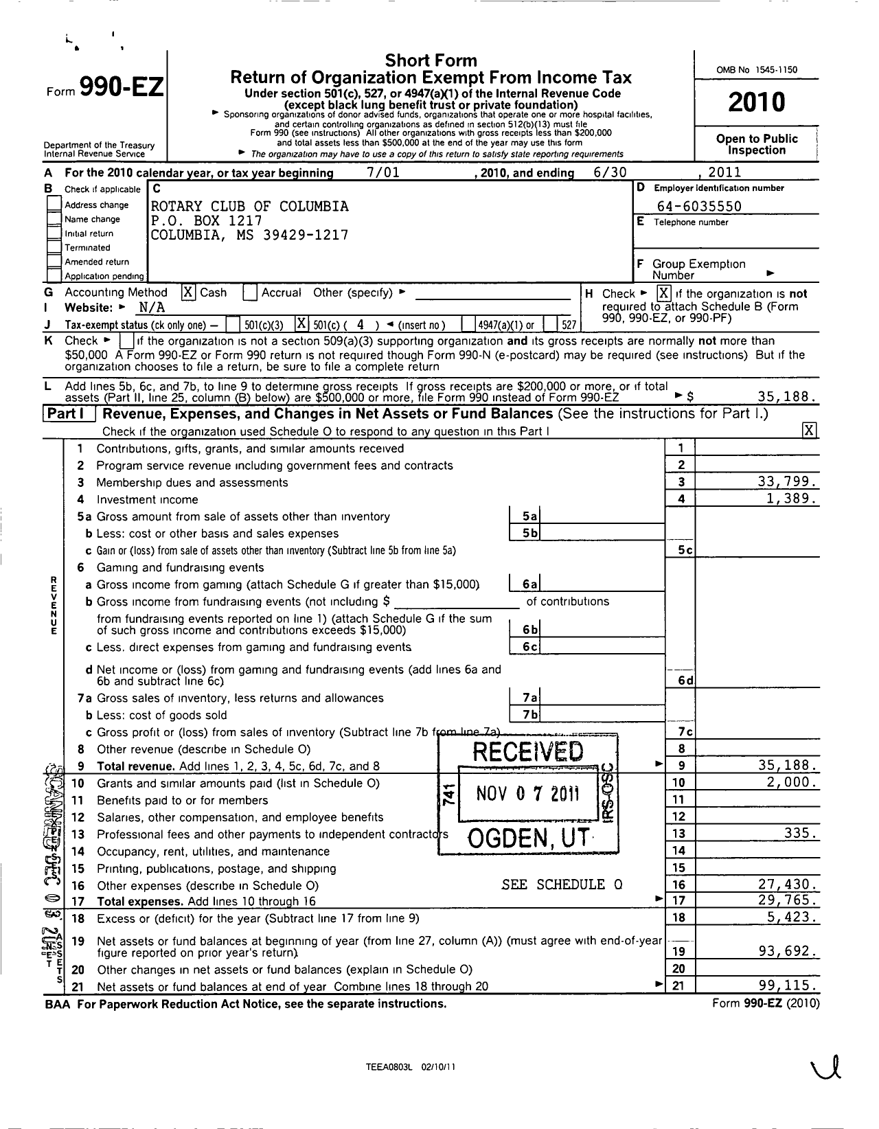 Image of first page of 2010 Form 990EO for Rotary International - Columbia Rotary Club