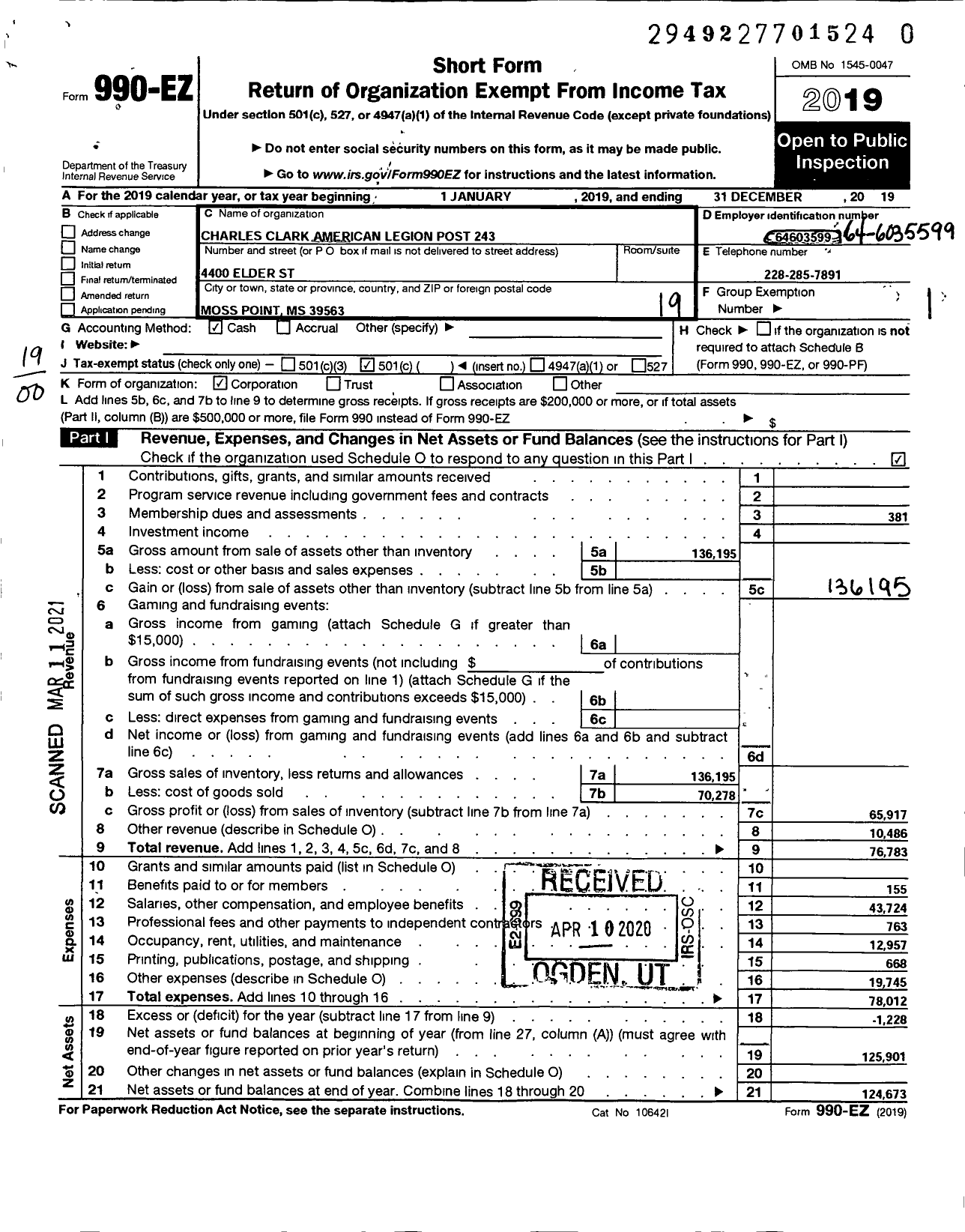Image of first page of 2019 Form 990EO for American Legion - 0243 Charles Clark