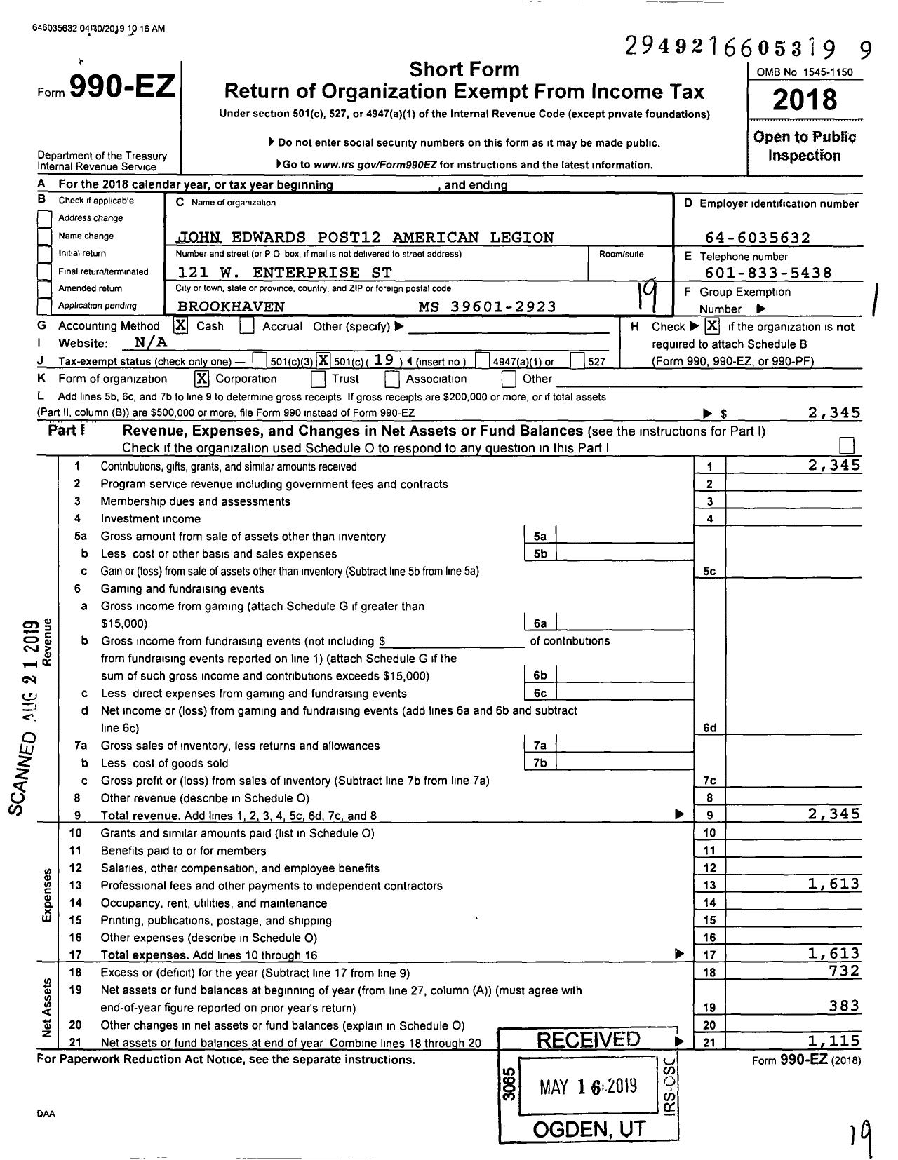 Image of first page of 2018 Form 990EO for American Legion - 12 John Edwards LLC Post