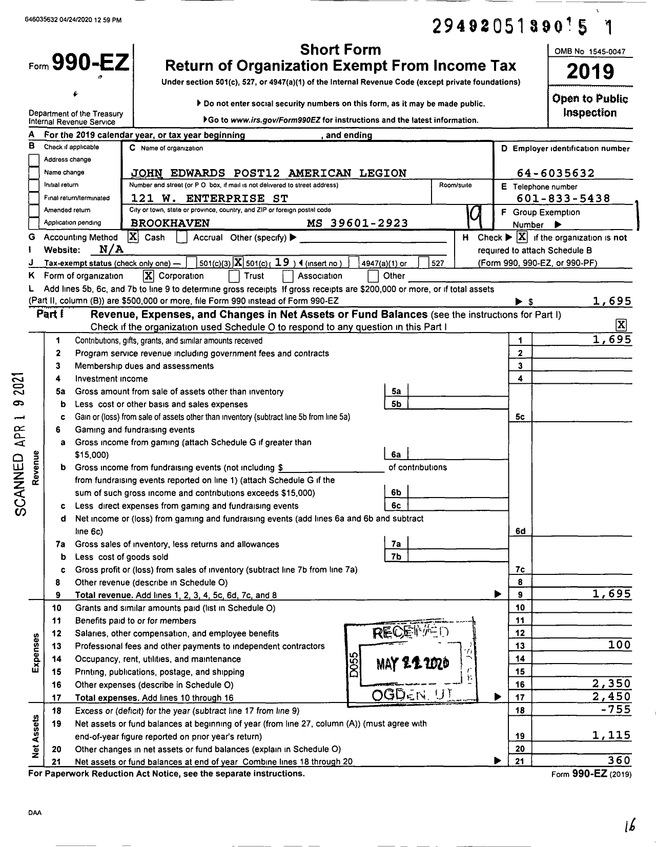 Image of first page of 2019 Form 990EO for American Legion - 12 John Edwards LLC Post