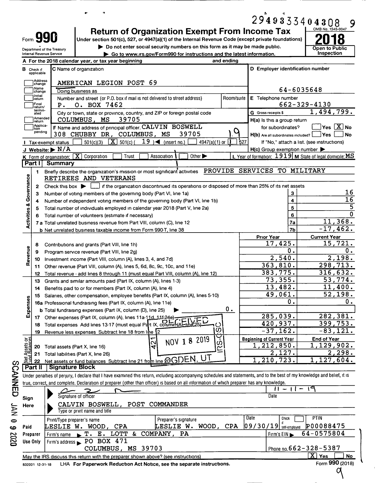 Image of first page of 2018 Form 990O for American Legion - 0069 Thomas S Patterson