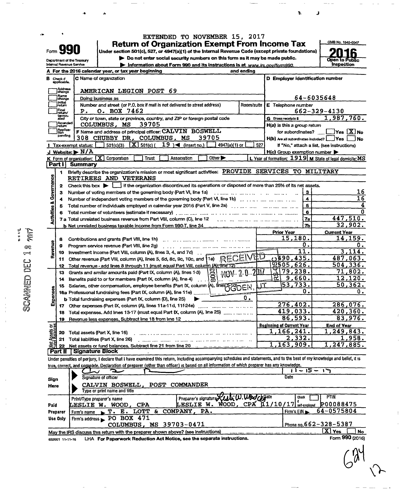 Image of first page of 2016 Form 990O for American Legion - 0069 Thomas S Patterson
