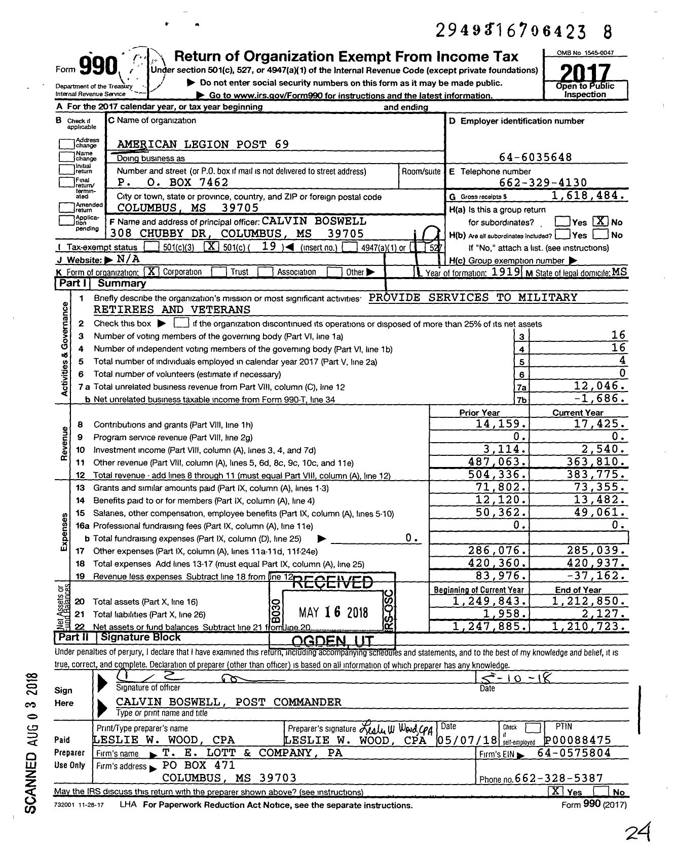 Image of first page of 2017 Form 990O for American Legion - 0069 Thomas S Patterson