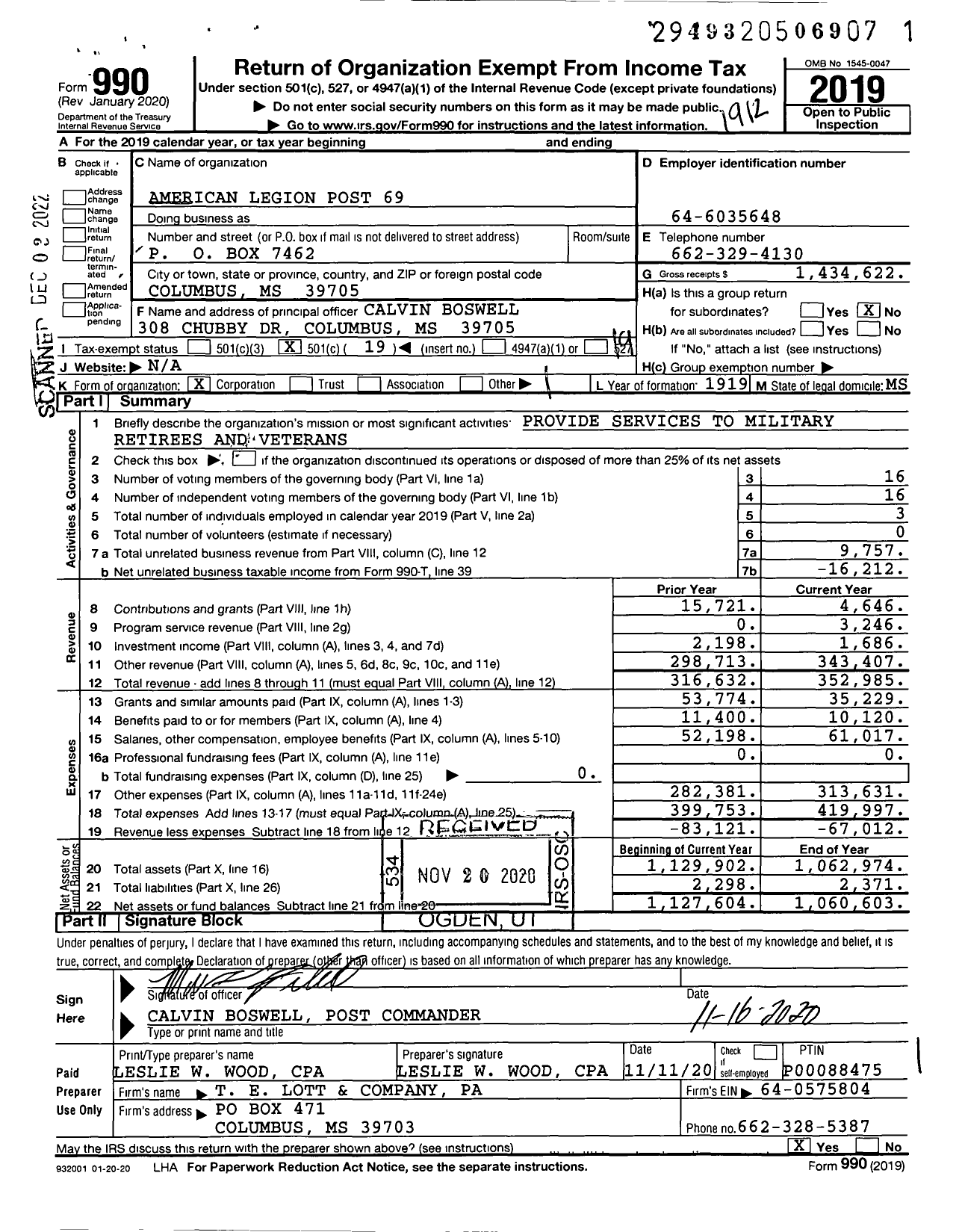 Image of first page of 2019 Form 990O for American Legion - 0069 Thomas S Patterson