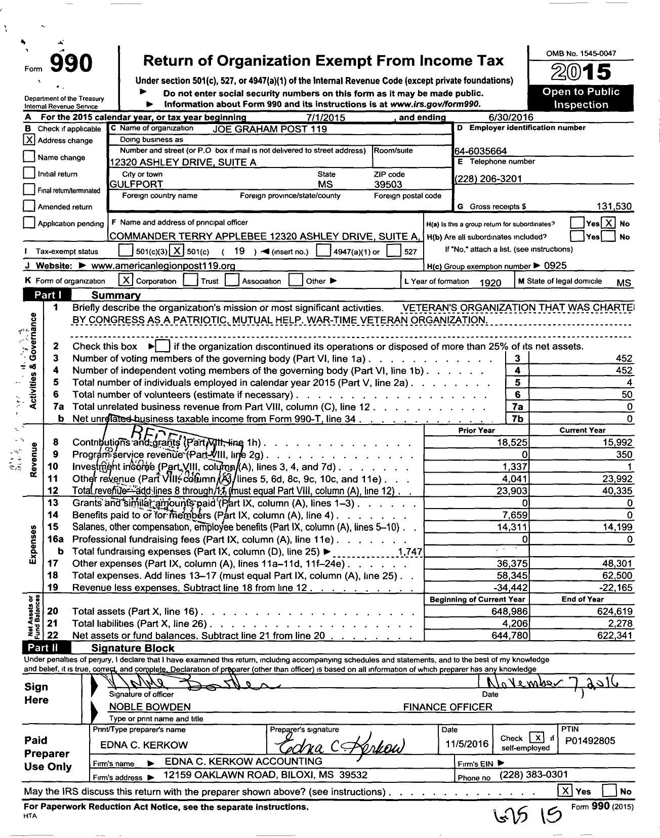 Image of first page of 2015 Form 990O for Joe Graham Post 119