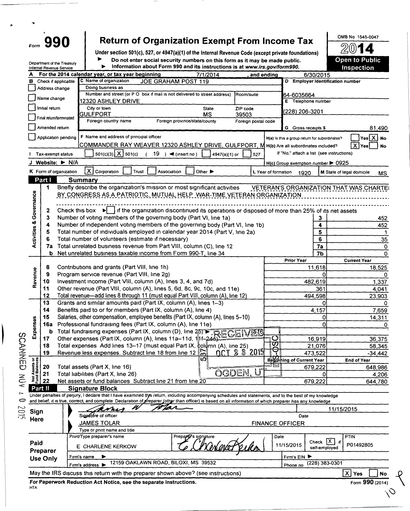 Image of first page of 2014 Form 990O for Joe Graham Post 119