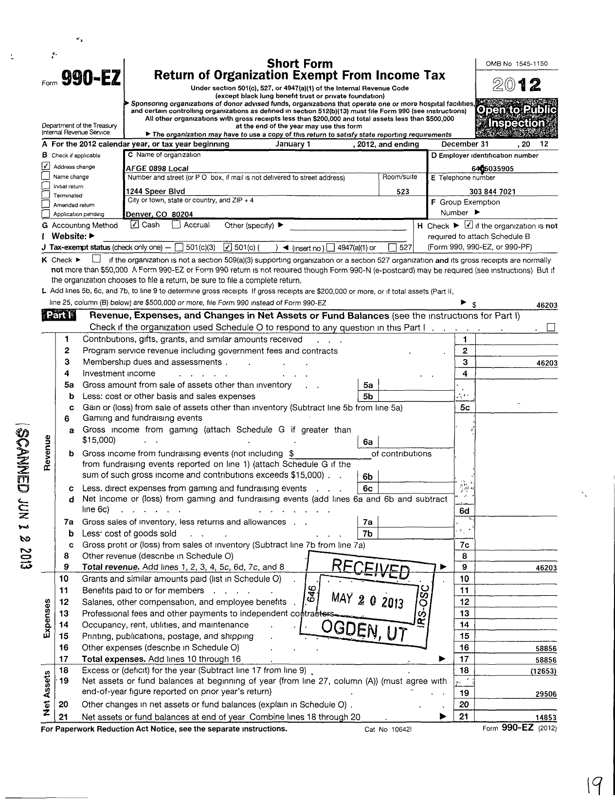 Image of first page of 2012 Form 990EO for American Federation of Government Employees - 0898 Afge Local