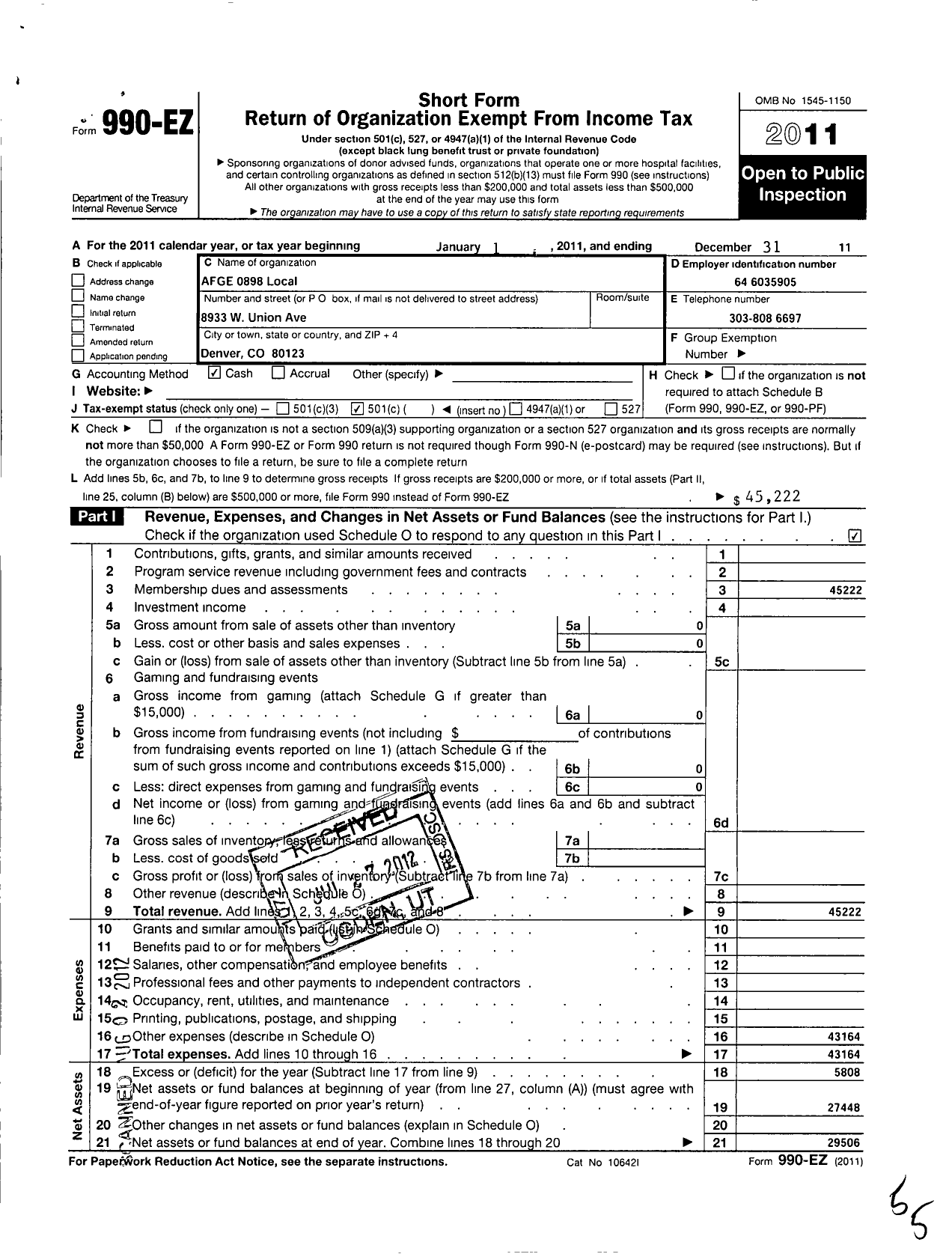 Image of first page of 2011 Form 990EO for American Federation of Government Employees - 0898 Afge Local