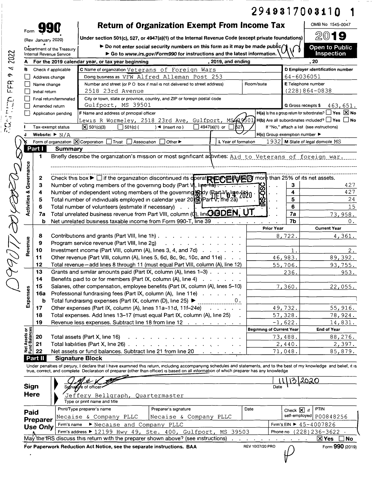 Image of first page of 2019 Form 990 for Veterans of Foreign Wars - VFW Alfred Alleman Post 2539