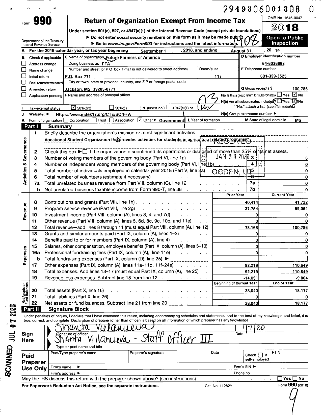 Image of first page of 2018 Form 990 for Future Farmers of America - Mississippi Ffa Assoc