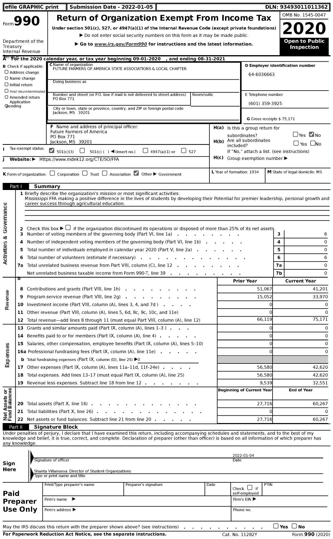 Image of first page of 2020 Form 990 for Future Farmers of America