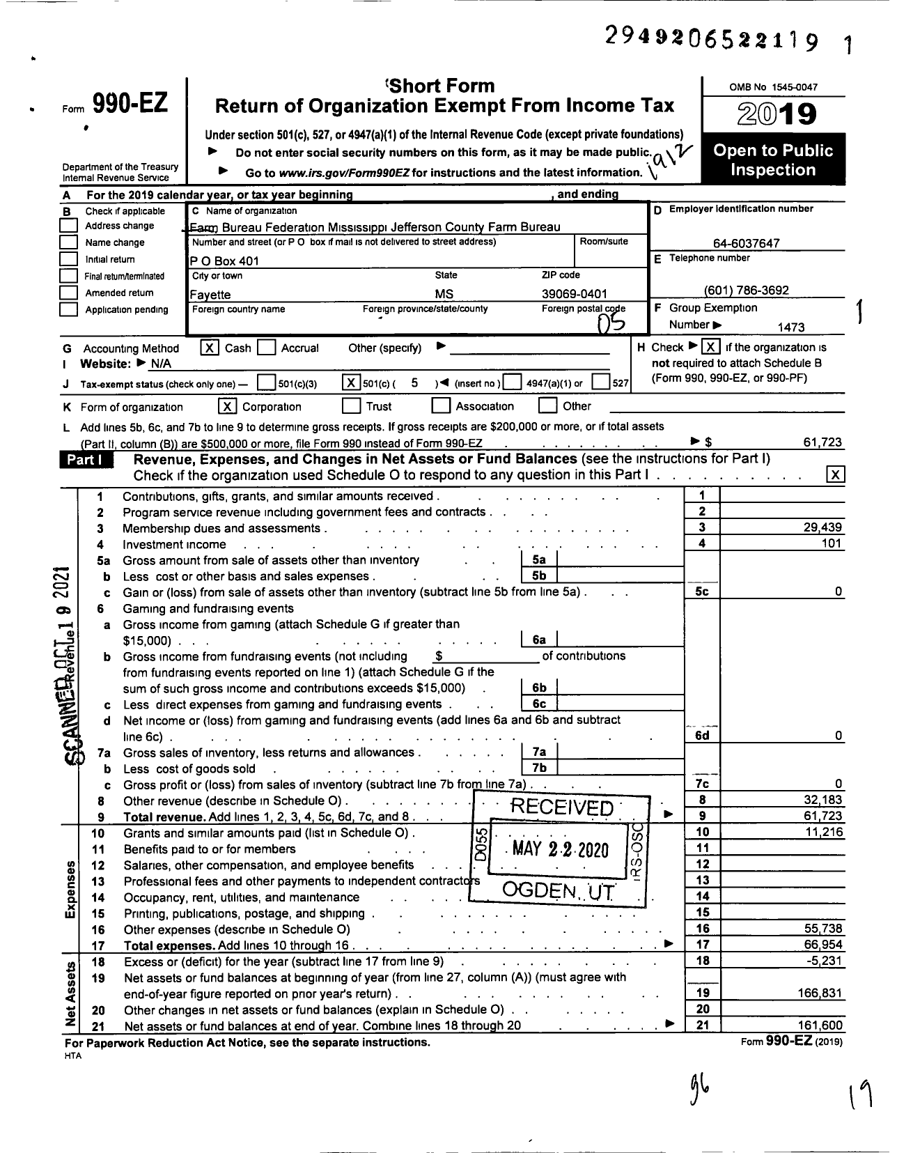 Image of first page of 2019 Form 990EO for Mississippi Farm Bureau Federation - Jefferson County Farm Bureau