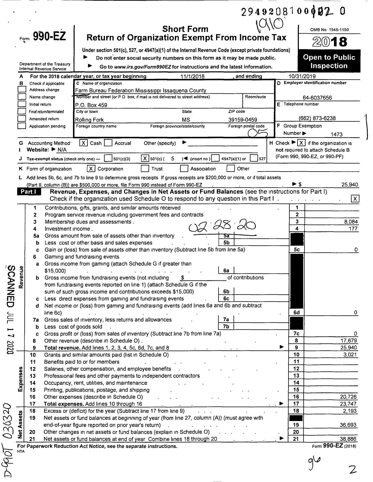 Image of first page of 2018 Form 990EO for Mississippi Farm Bureau Federation - Issaquena County Farm Bureau