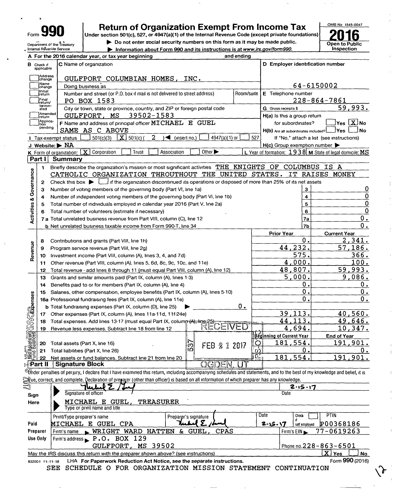 Image of first page of 2016 Form 990O for Gulfport Columbian Homes