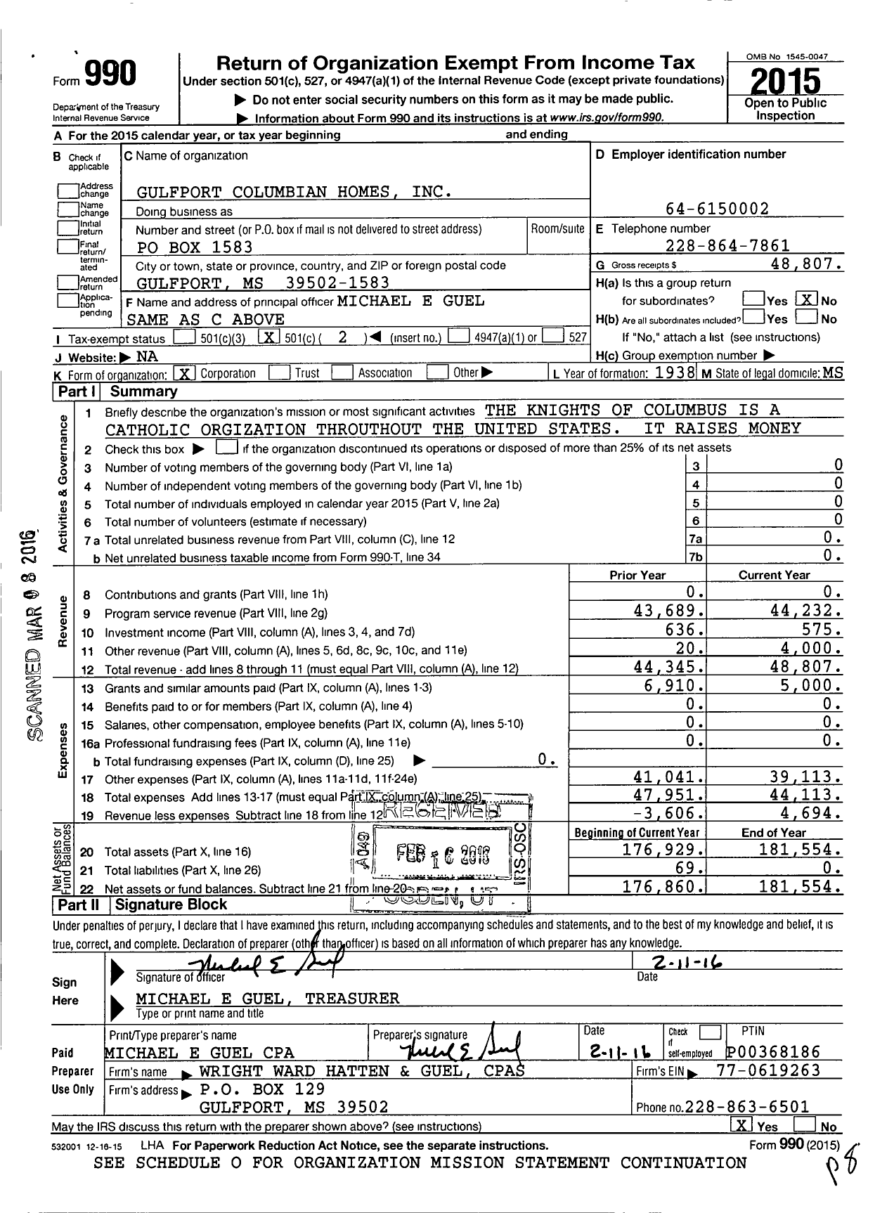 Image of first page of 2015 Form 990O for Gulfport Columbian Homes