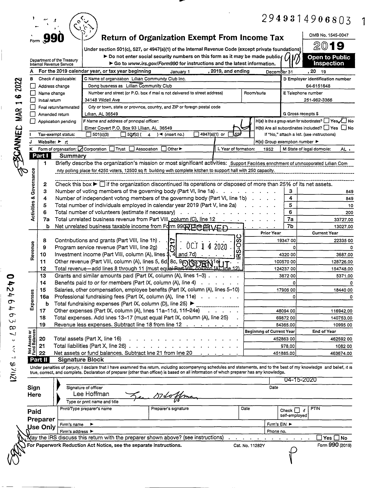 Image of first page of 2019 Form 990O for Lillian Community Club