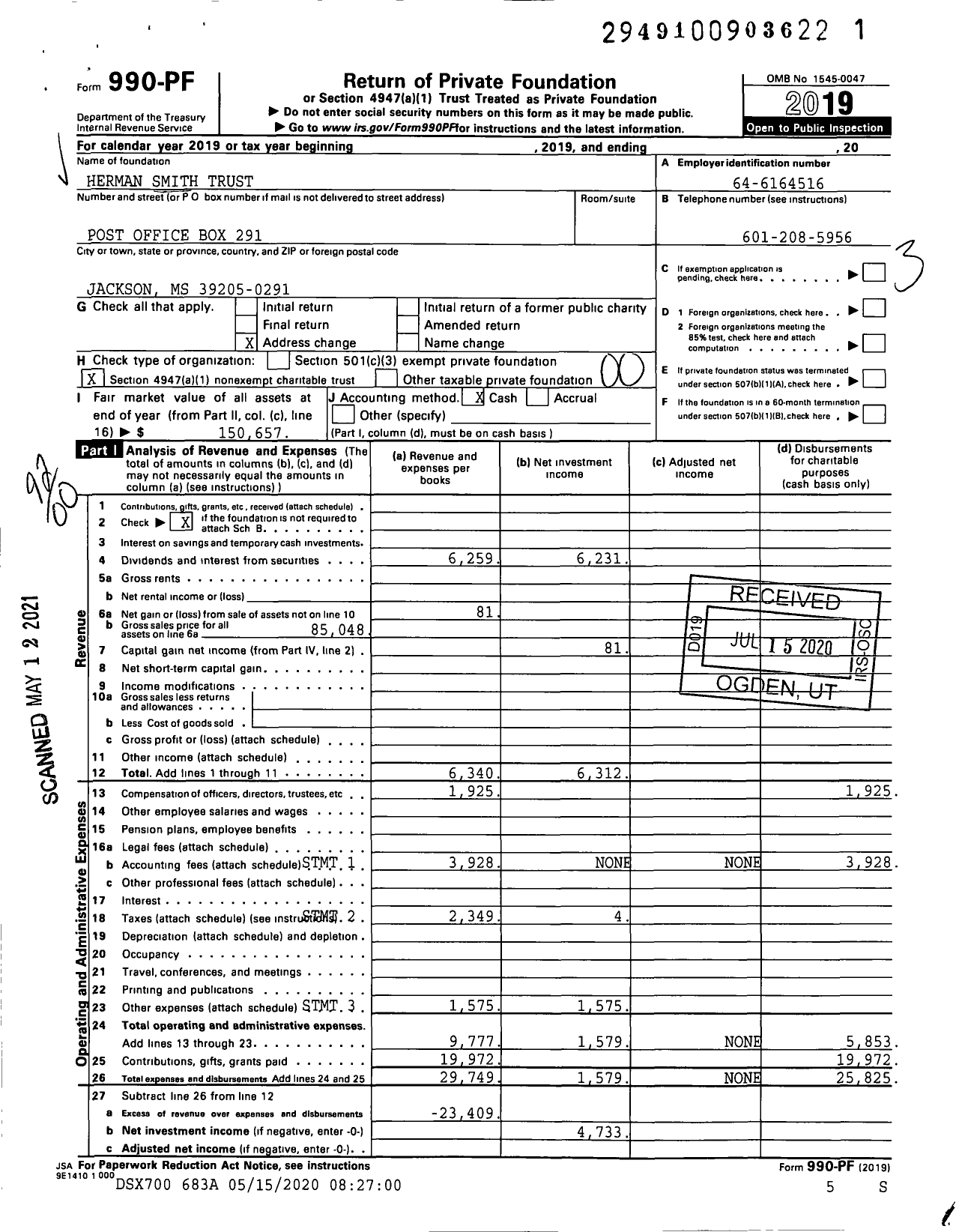 Image of first page of 2019 Form 990PF for Herman Smith Trust Uw Trustmark Trustee