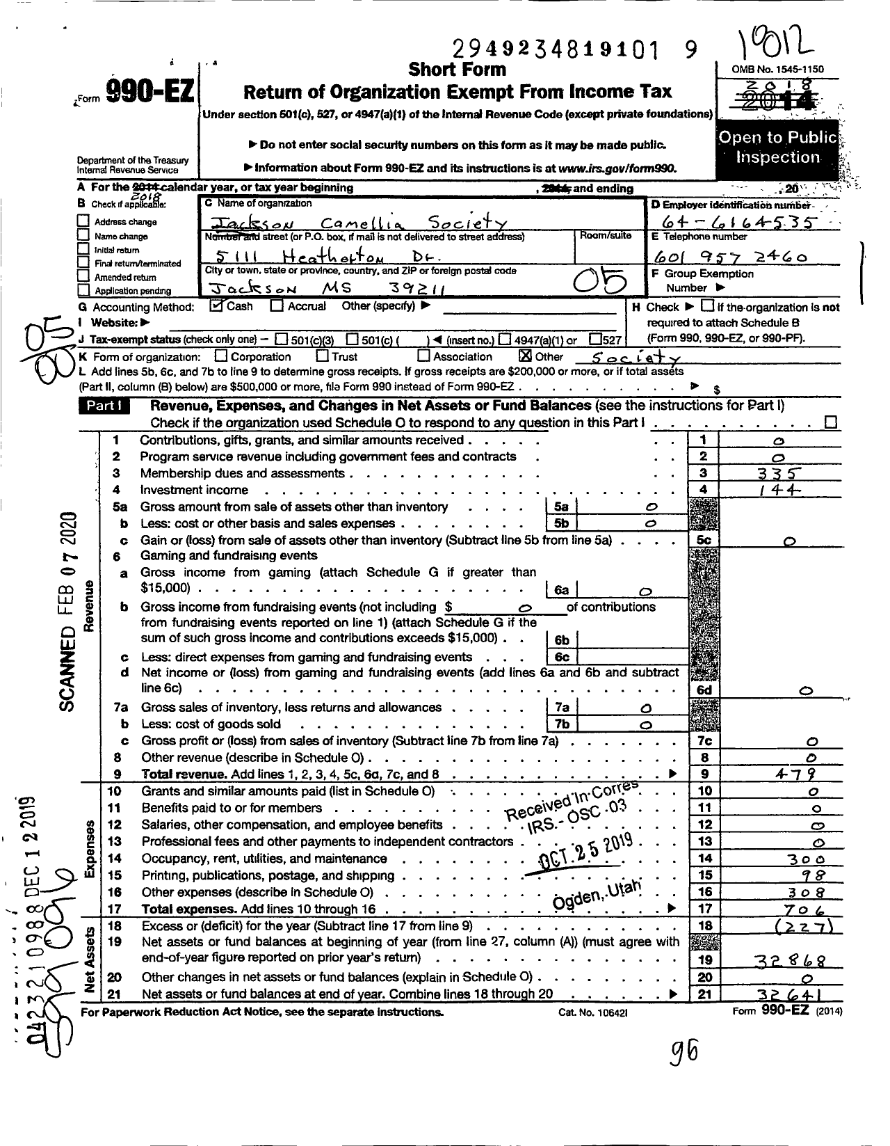 Image of first page of 2018 Form 990EO for Jackson Camellia Society