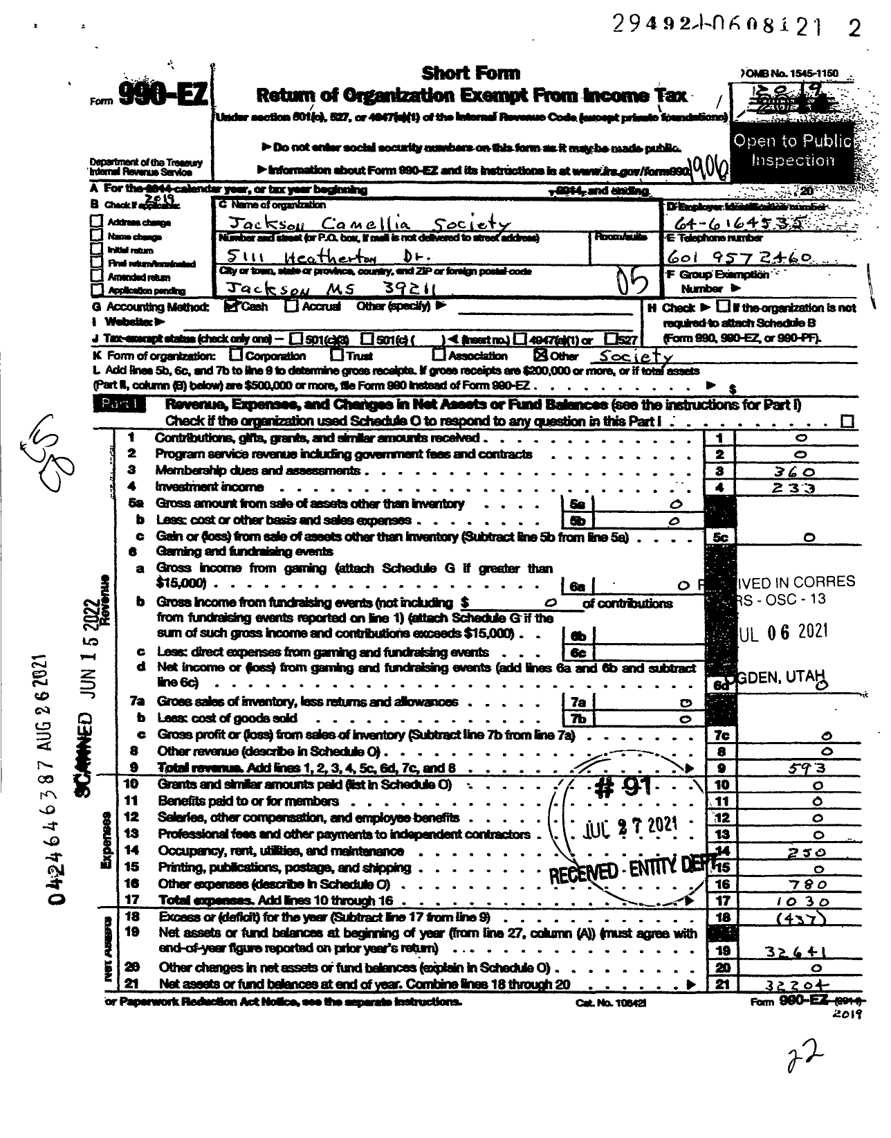 Image of first page of 2018 Form 990EO for Jackson Camellia Society