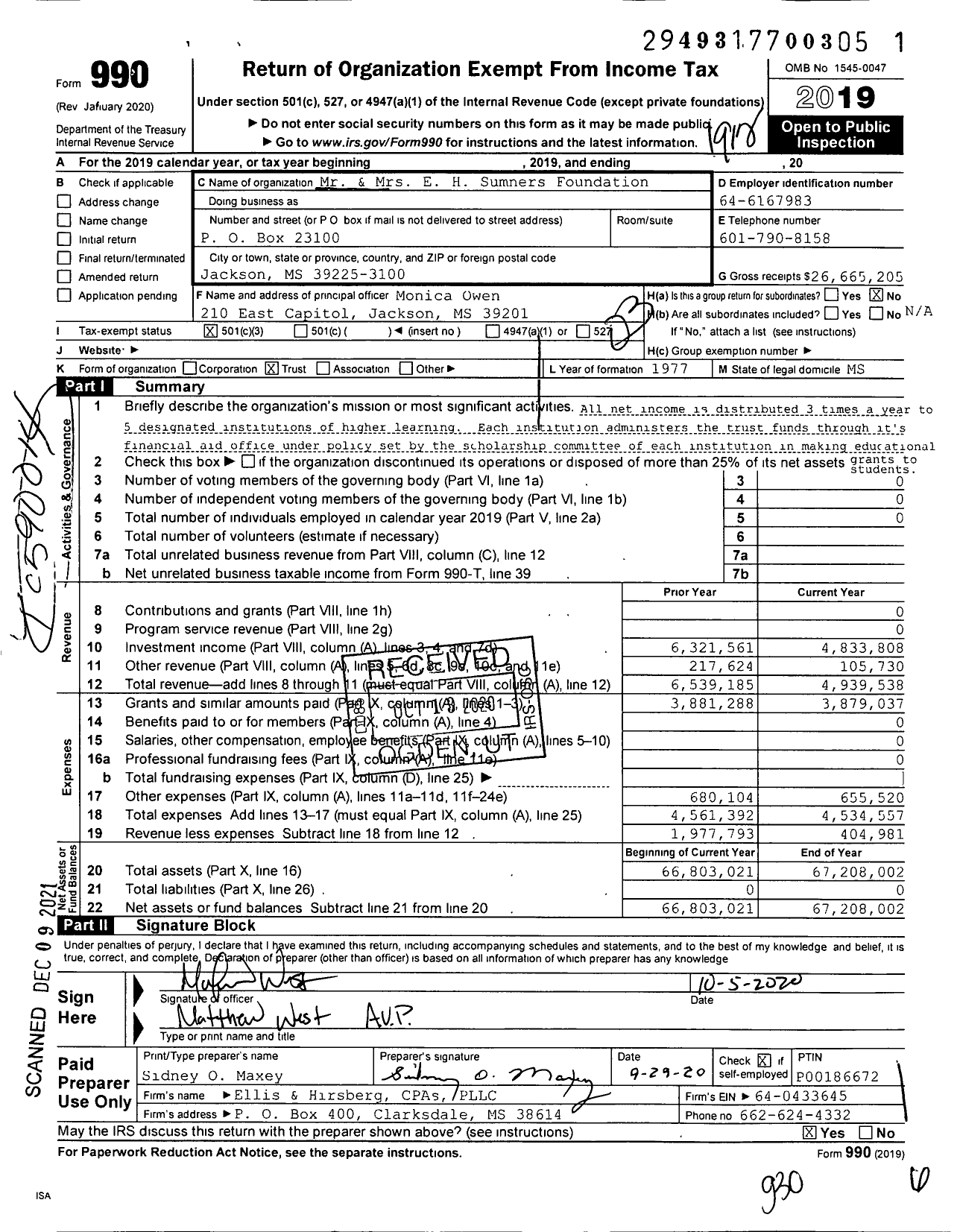 Image of first page of 2019 Form 990 for Mr and MRS E H Sumners Foundation