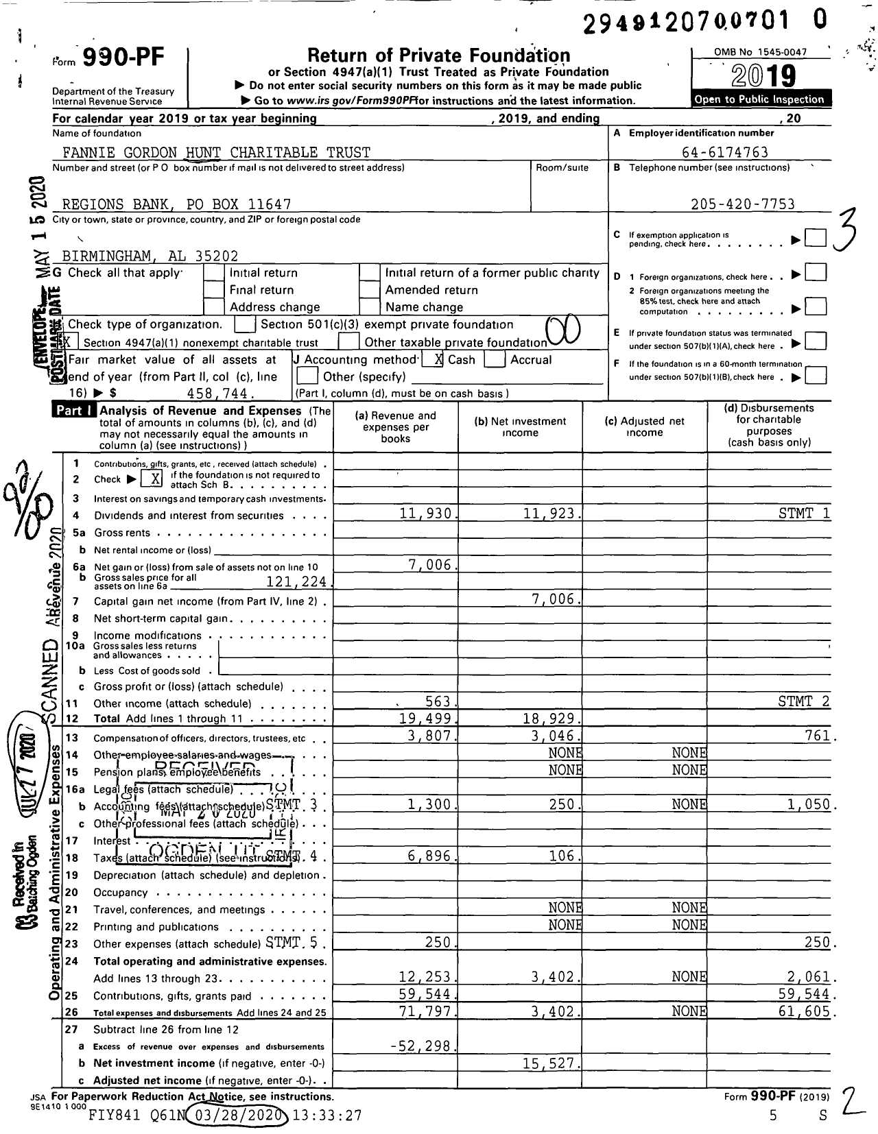 Image of first page of 2019 Form 990PR for Huntfannie Gordon