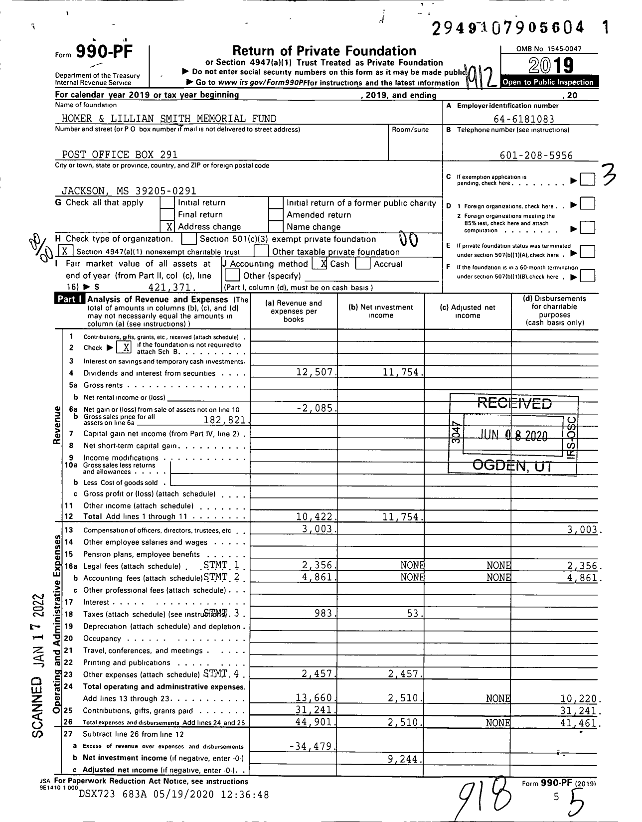 Image of first page of 2019 Form 990PF for Homer and Lillian Smith Memorial Fund Fbo St Pa