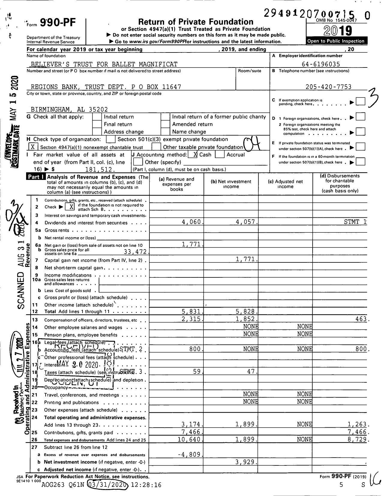 Image of first page of 2019 Form 990PR for Believer's Trust for Ballet Magnificat