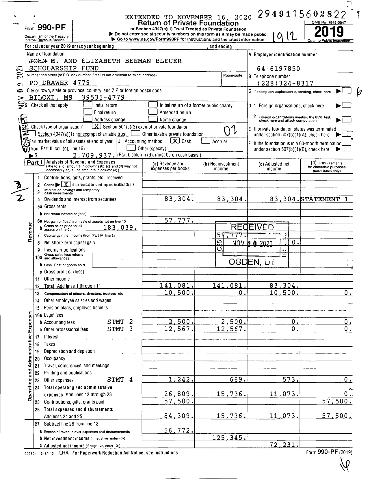 Image of first page of 2019 Form 990PF for John M and Elizabeth Beeman Bleuer Scholarship Fund