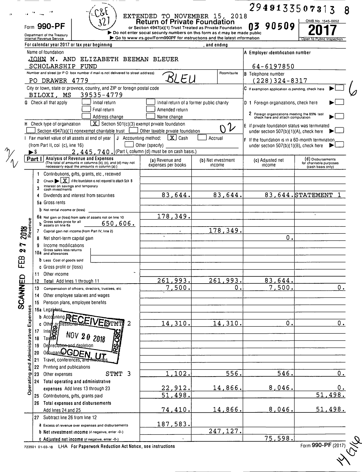 Image of first page of 2017 Form 990PF for John M and Elizabeth Beeman Bleuer Scholarship Fund