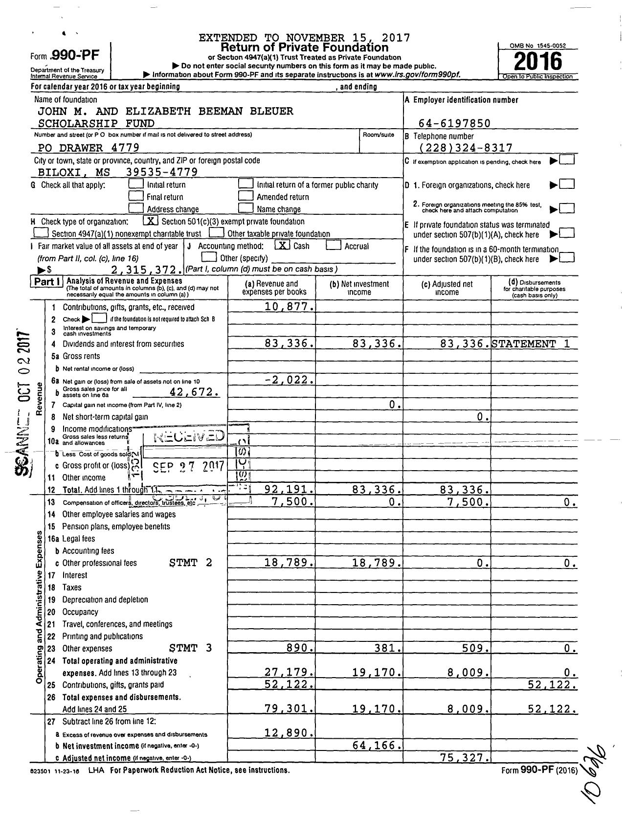 Image of first page of 2016 Form 990PF for John M and Elizabeth Beeman Bleuer Scholarship Fund