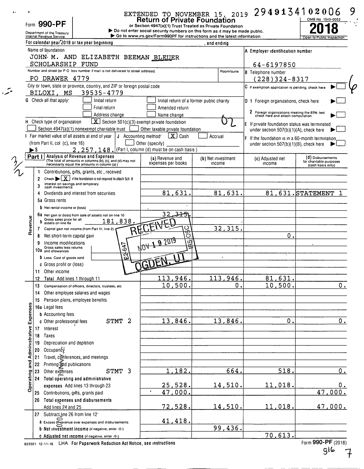 Image of first page of 2018 Form 990PF for John M and Elizabeth Beeman Bleuer Scholarship Fund