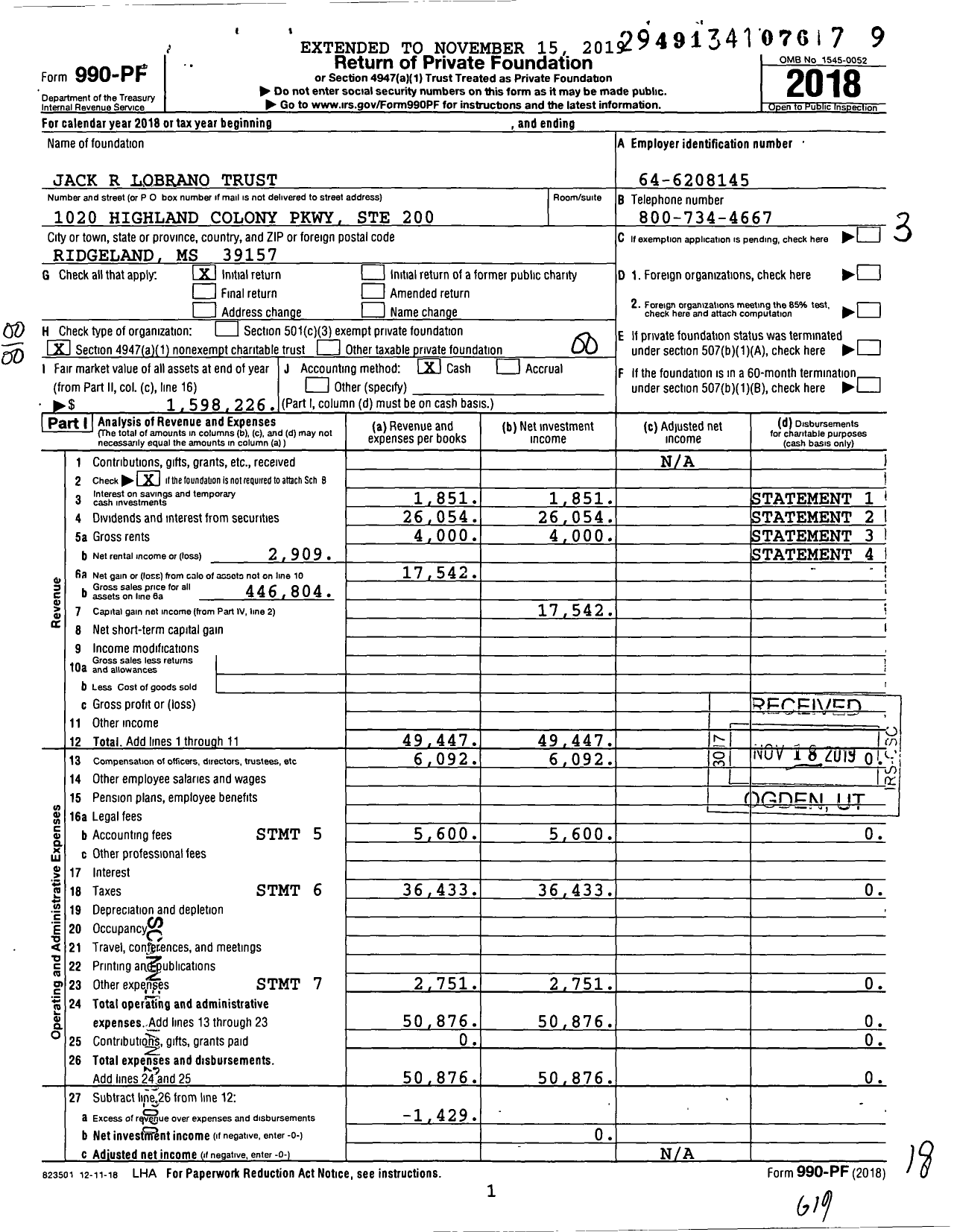 Image of first page of 2018 Form 990PF for Jack R Lobrano Trust