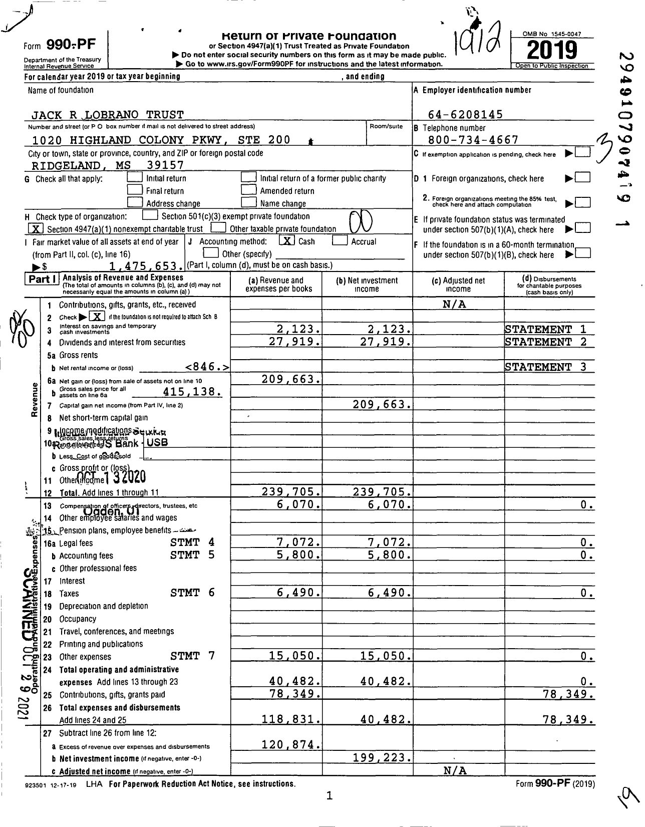 Image of first page of 2019 Form 990PF for Jack R Lobrano Trust