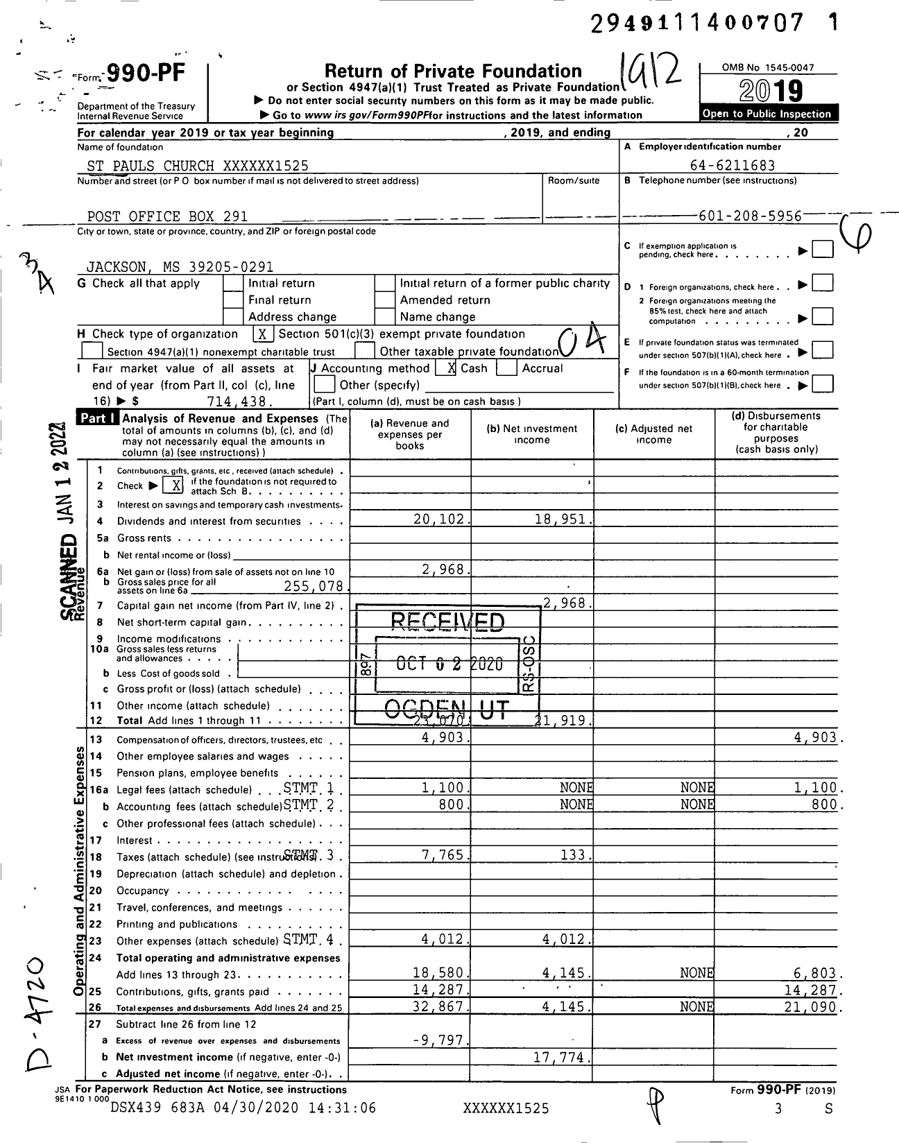 Image of first page of 2019 Form 990PF for St Paul's Catholic Church Trust Francis J