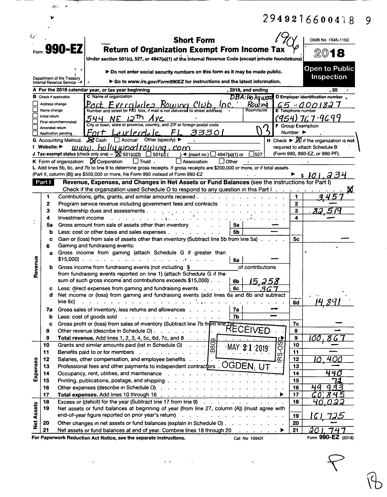 Image of first page of 2018 Form 990EZ for Hollywood Rowing Club