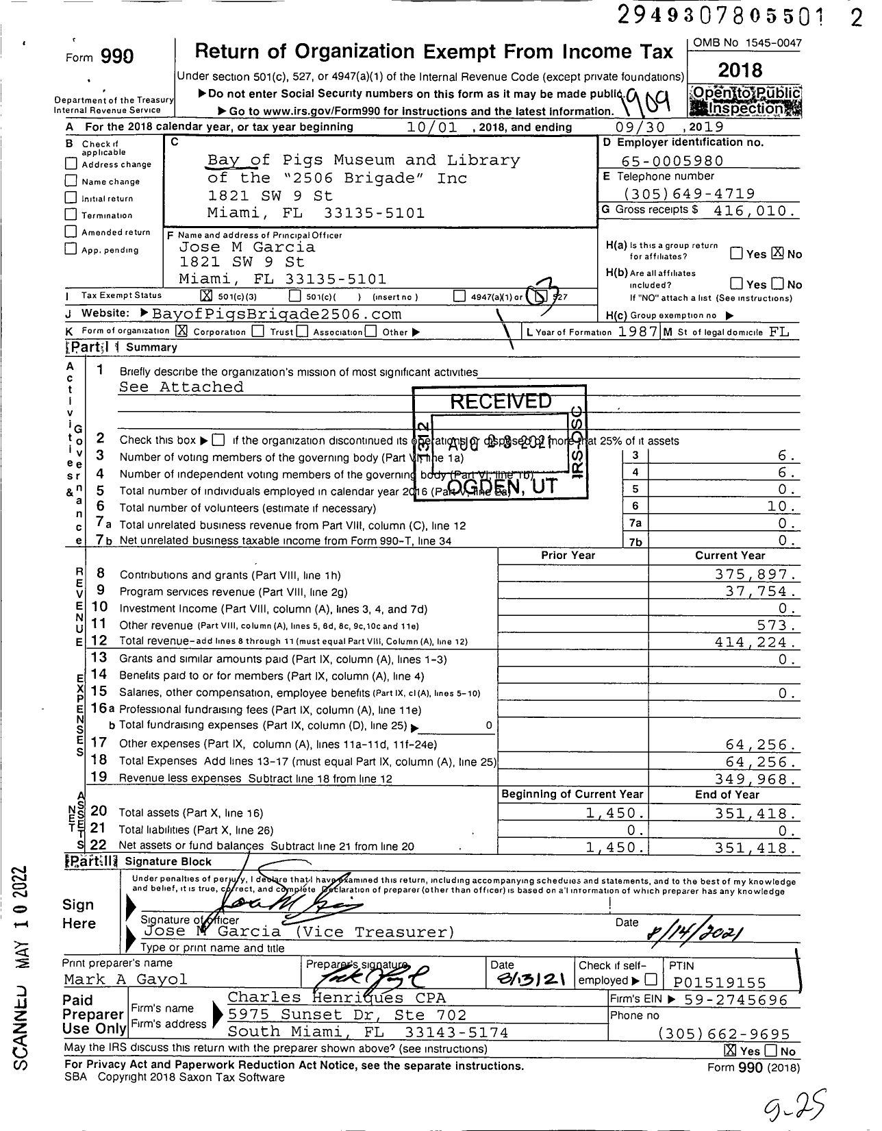 Image of first page of 2018 Form 990 for Bay of Pigs Museum and Library of the 2506th Brigade