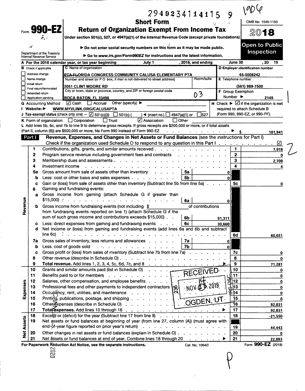 Image of first page of 2018 Form 990EZ for PTA Florida Congress - Calusa Community Elementary PTA