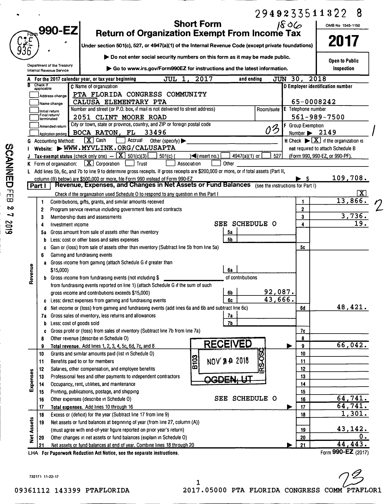 Image of first page of 2017 Form 990EZ for PTA Florida Congress - Calusa Community Elementary PTA