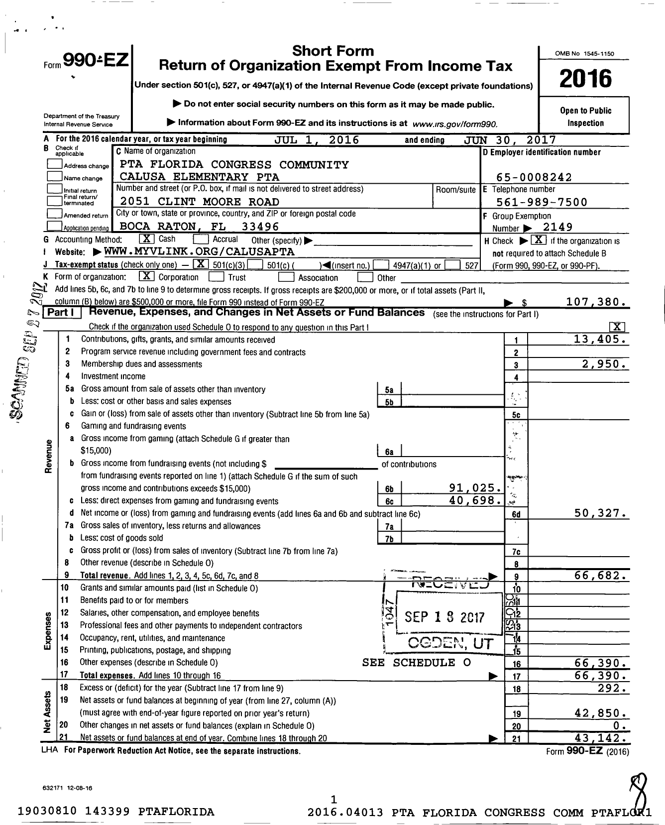 Image of first page of 2016 Form 990EZ for PTA Florida Congress - Calusa Community Elementary PTA