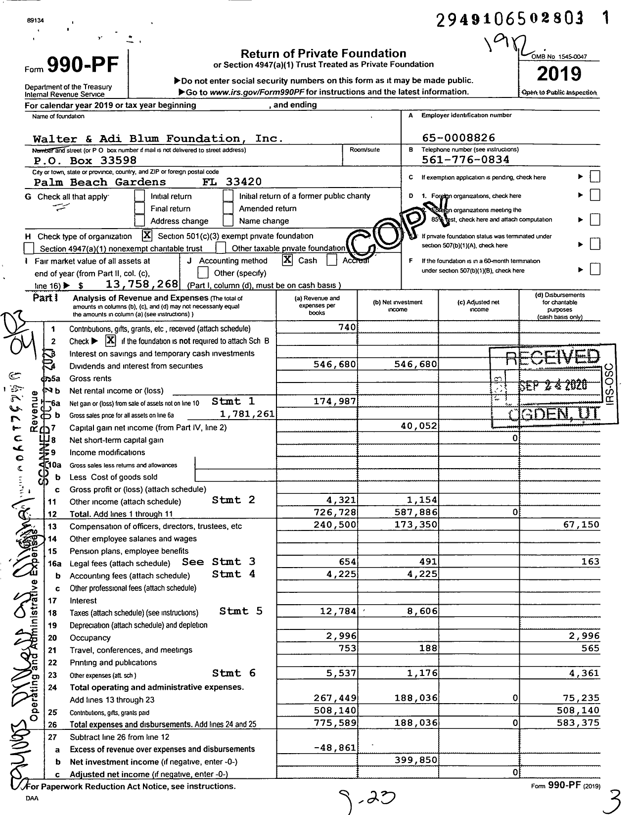 Image of first page of 2019 Form 990PF for Walter and Adi Blum Foundation