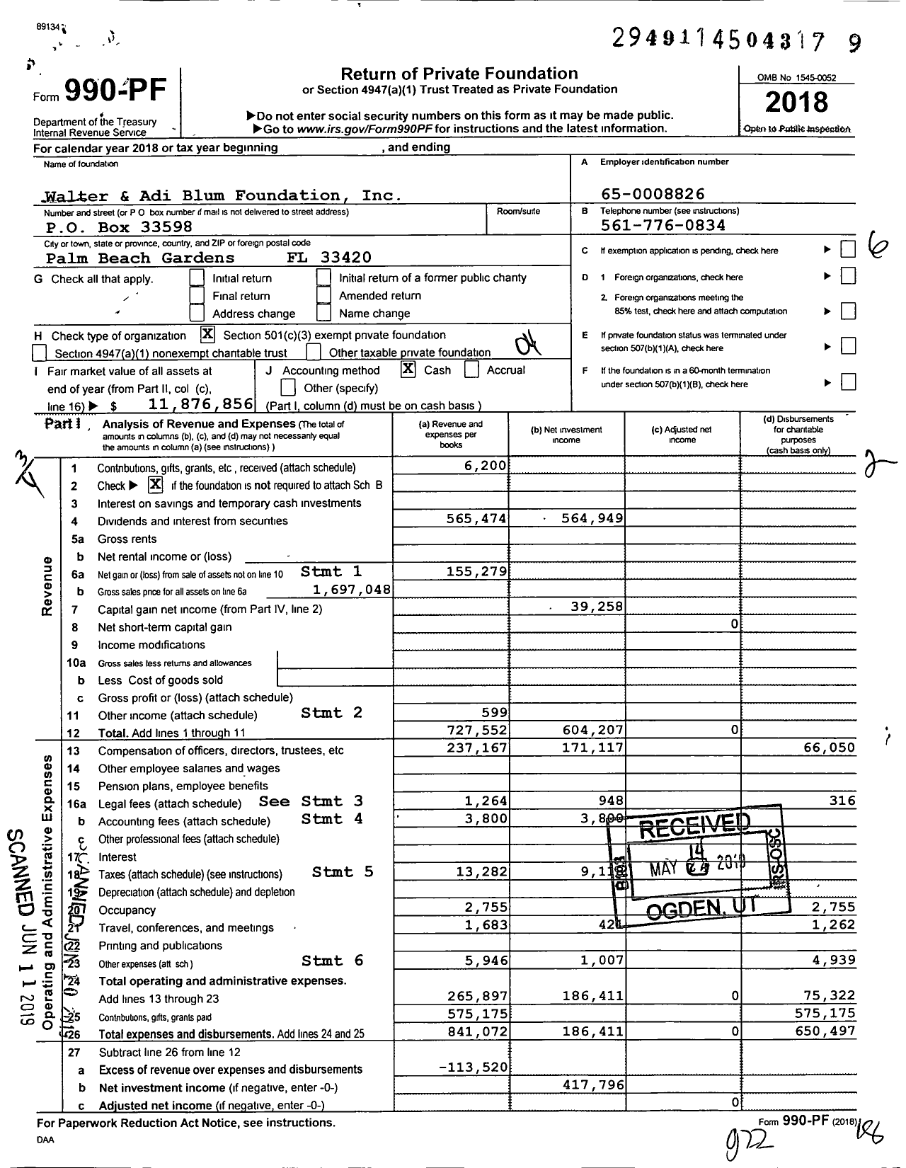 Image of first page of 2018 Form 990PF for Walter and Adi Blum Foundation