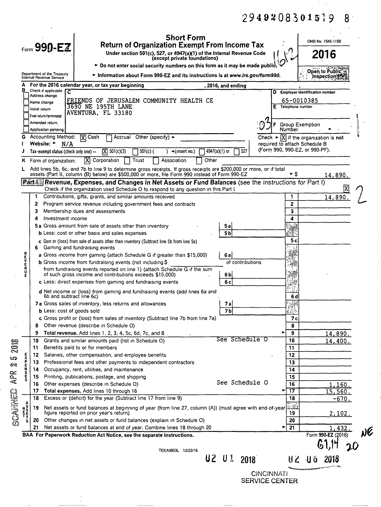 Image of first page of 2016 Form 990EZ for Friends of Jerusalem Community Health Centers