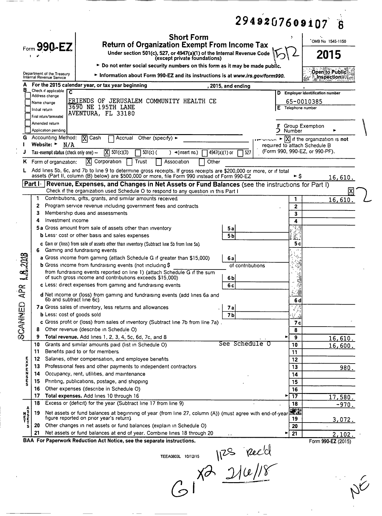 Image of first page of 2015 Form 990EZ for Friends of Jerusalem Community Health Centers