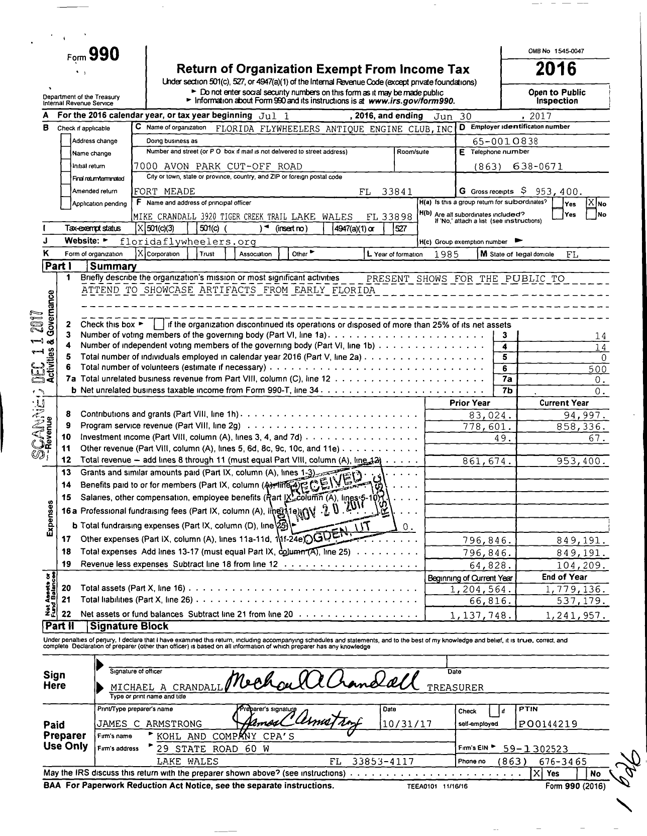 Image of first page of 2016 Form 990 for Florida Flywheelers Antique Engine Club