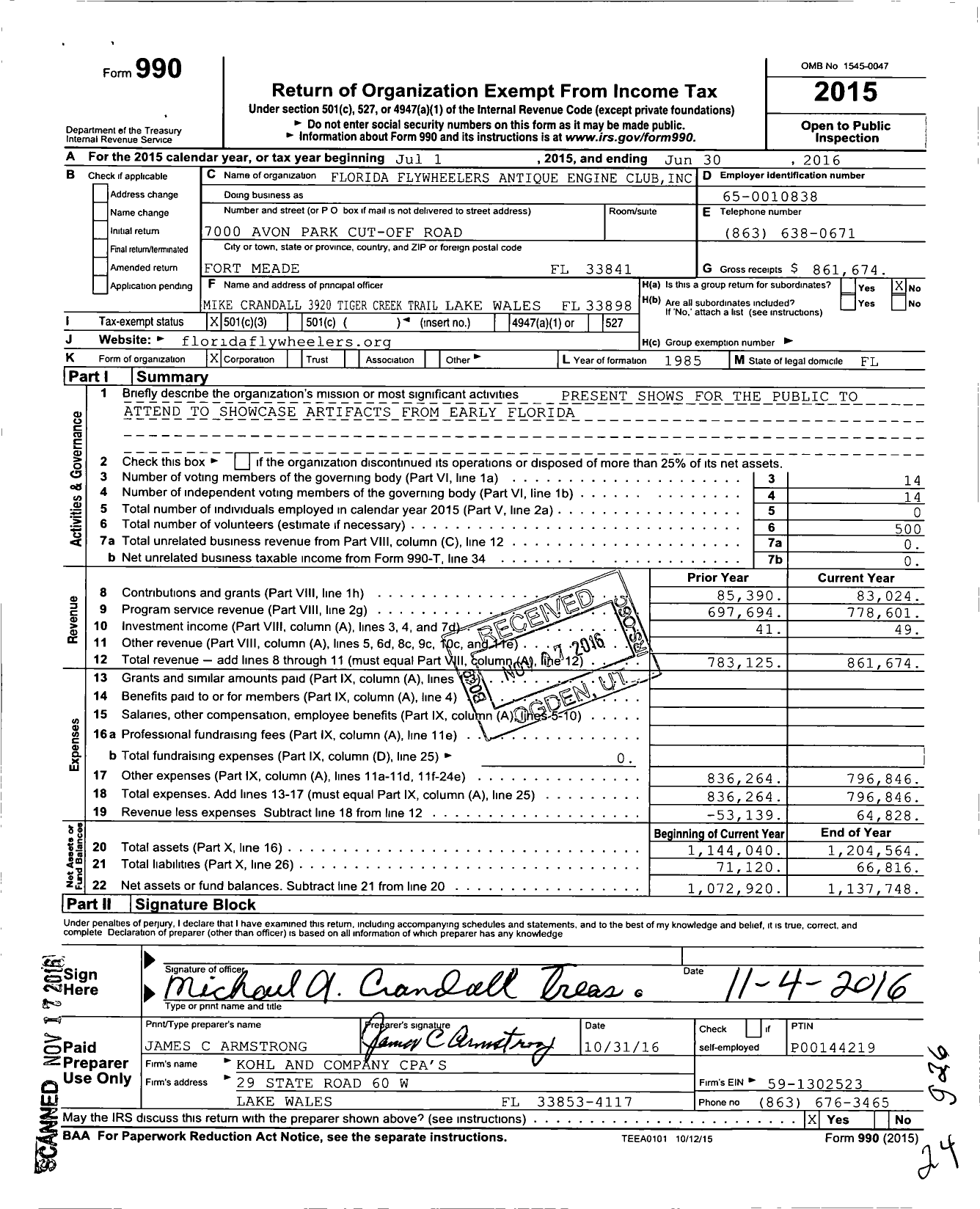 Image of first page of 2015 Form 990 for Florida Flywheelers Antique Engine Club