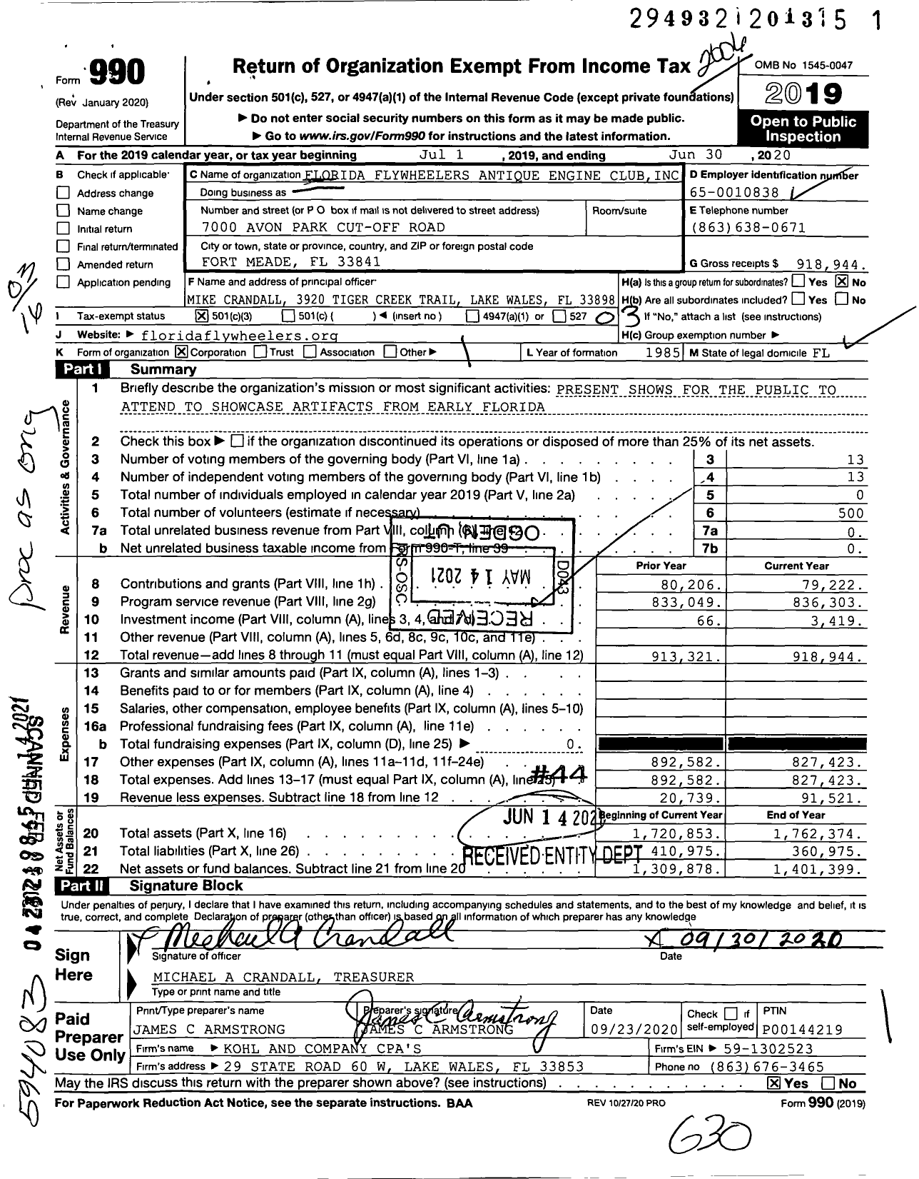 Image of first page of 2019 Form 990 for Florida Flywheelers Antique Engine Club